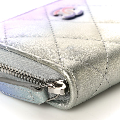 Chanel Gradient Metallic Calfskin Quilted Zip Around Coin Purse Wallet Silver Blue Yellow Purple 9 of 11