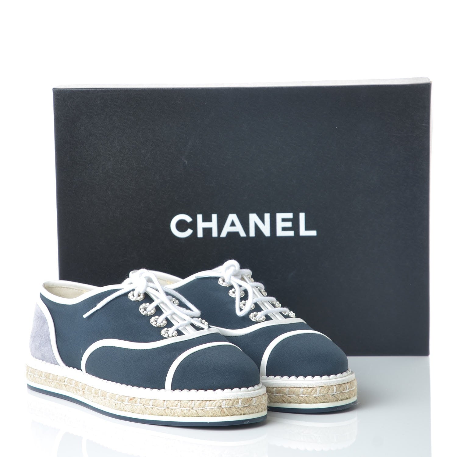 Chanel Crepe Suede Lace Up Espadrilles 36 Navy Grey 9 of 9