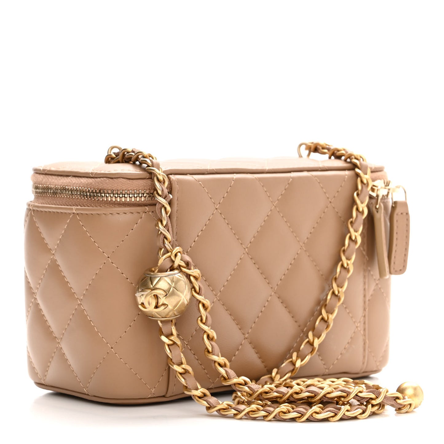 Lambskin Quilted Pearl Crush Small Vanity Case With Chain Beige