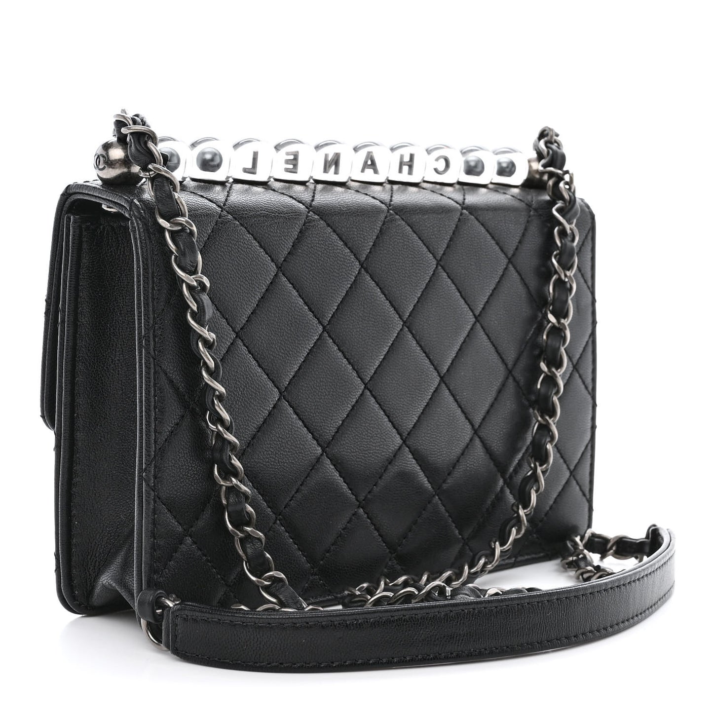 Goatskin Quilted Logo Small Chic Flap Black