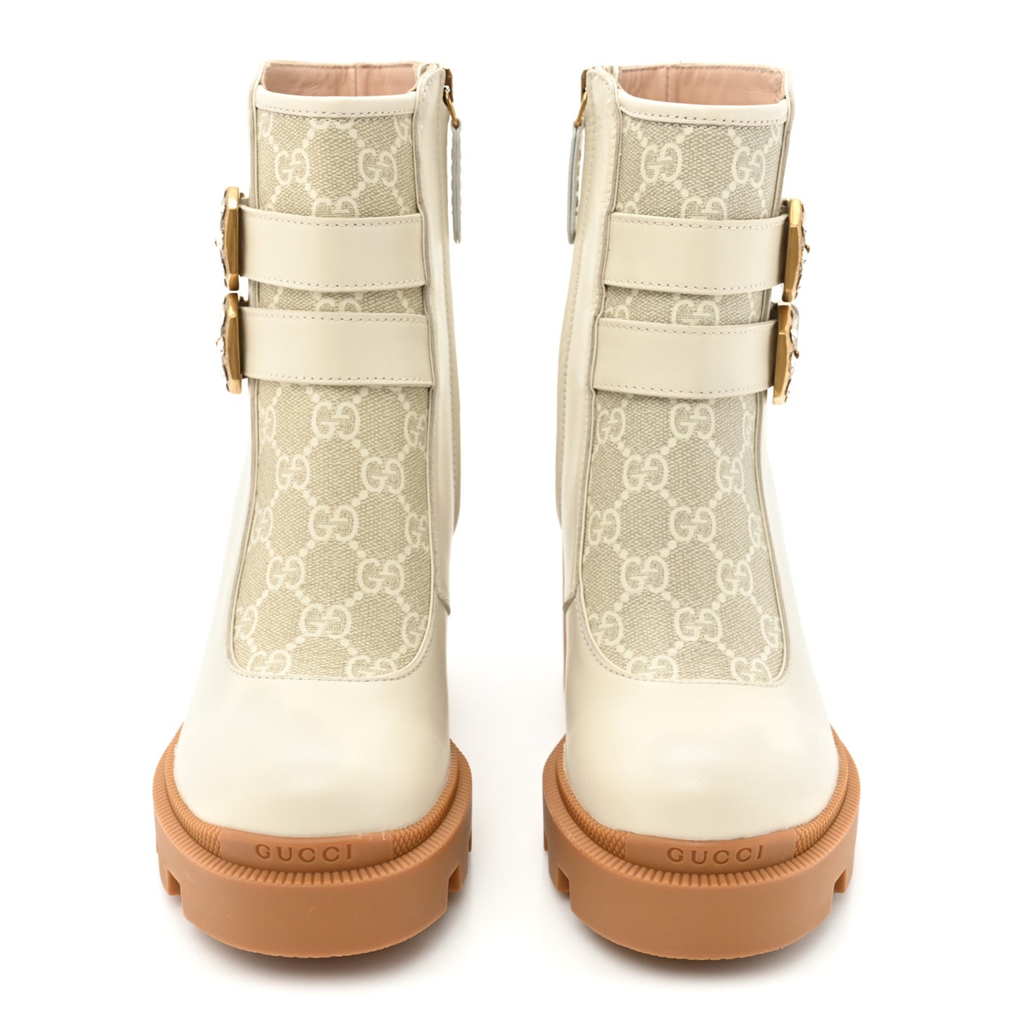 Kensington Calfskin Nappa GG Supreme Monogram Womens Double Buckle Ankle Boots 35.5 Mystic White Beige