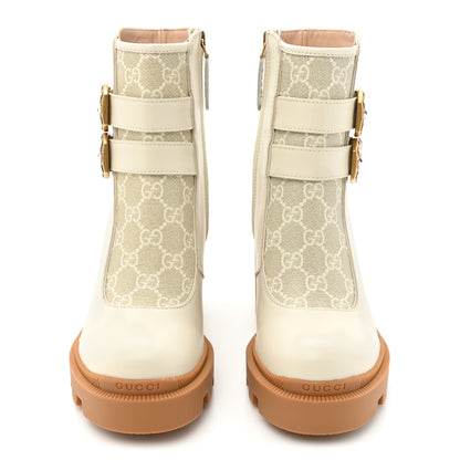 Gucci Kensington Calfskin Nappa GG Supreme Monogram Womens Double Buckle Ankle Boots 35.5 Mystic White Beige 2 of 9