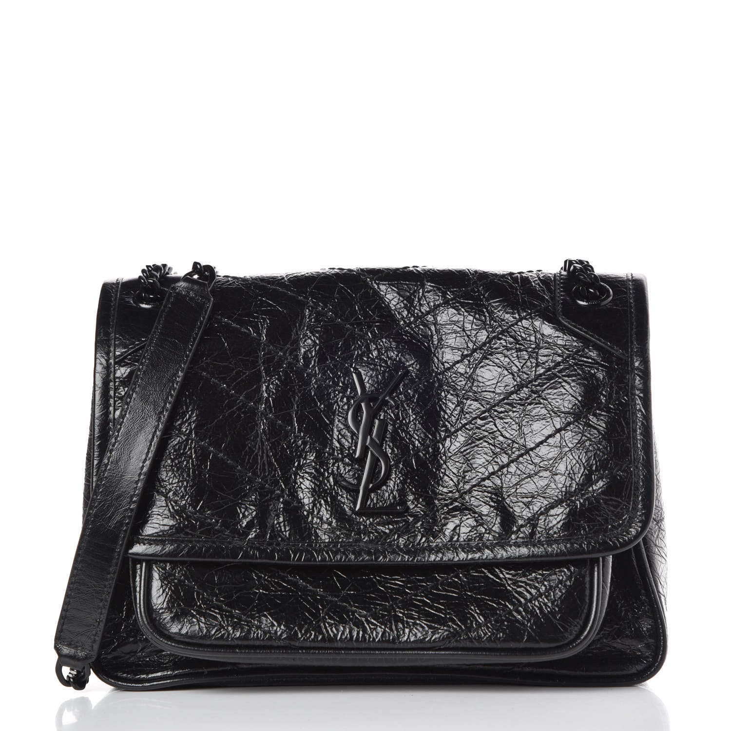 Saint Laurent Crinkled Calfskin Matelasse Monogram Baby Niki Chain Satchel Black 1 of 9