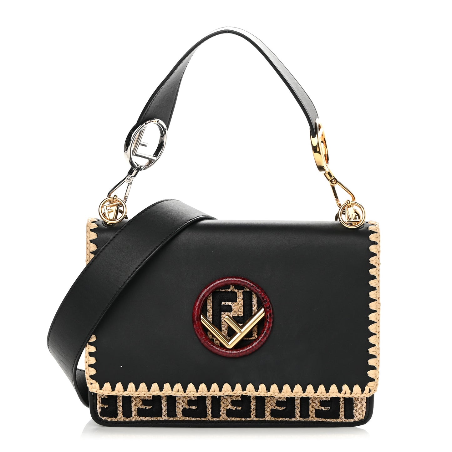 Vitello Century Raffia Snakeskin F is Fendi FF Woven Embroidered Kan I Shoulder Bag Black Natural