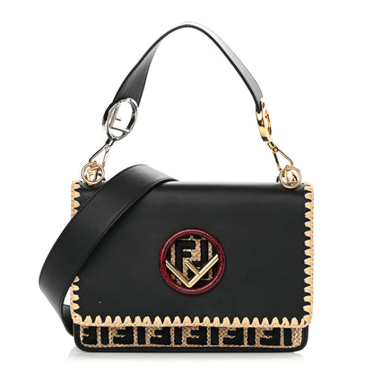 Fendi Vitello Century Raffia Snakeskin F is Fendi FF Woven Embroidered Kan I Shoulder Bag Black Natural 1 of 14