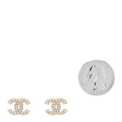 Chanel Metal Graduated Pearl Crystal CC Earrings Light Gold 2 of 4