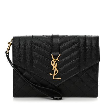 Saint Laurent Grain De Poudre Textured Mixed Matelasse Triquilt Monogram Clutch Black 1 of 15