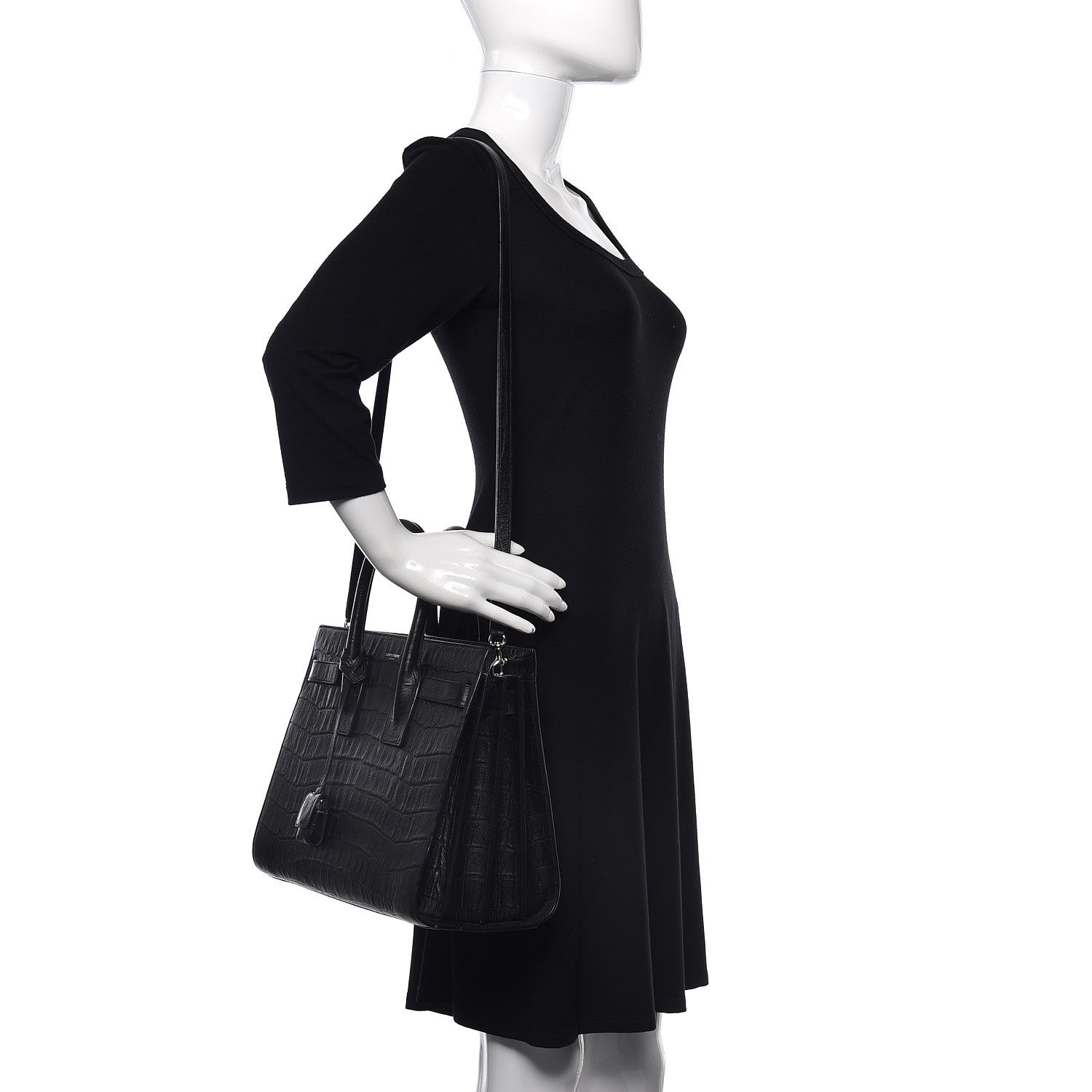 Saint Laurent Calfskin Crocodile Embossed Small Sac de Jour Black 2 of 12