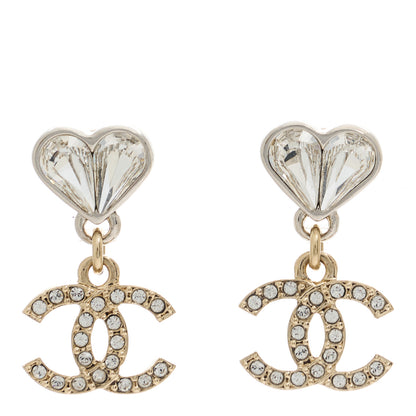 Chanel Crystal CC Heart Drop Earrings Gold Silver 1 of 5