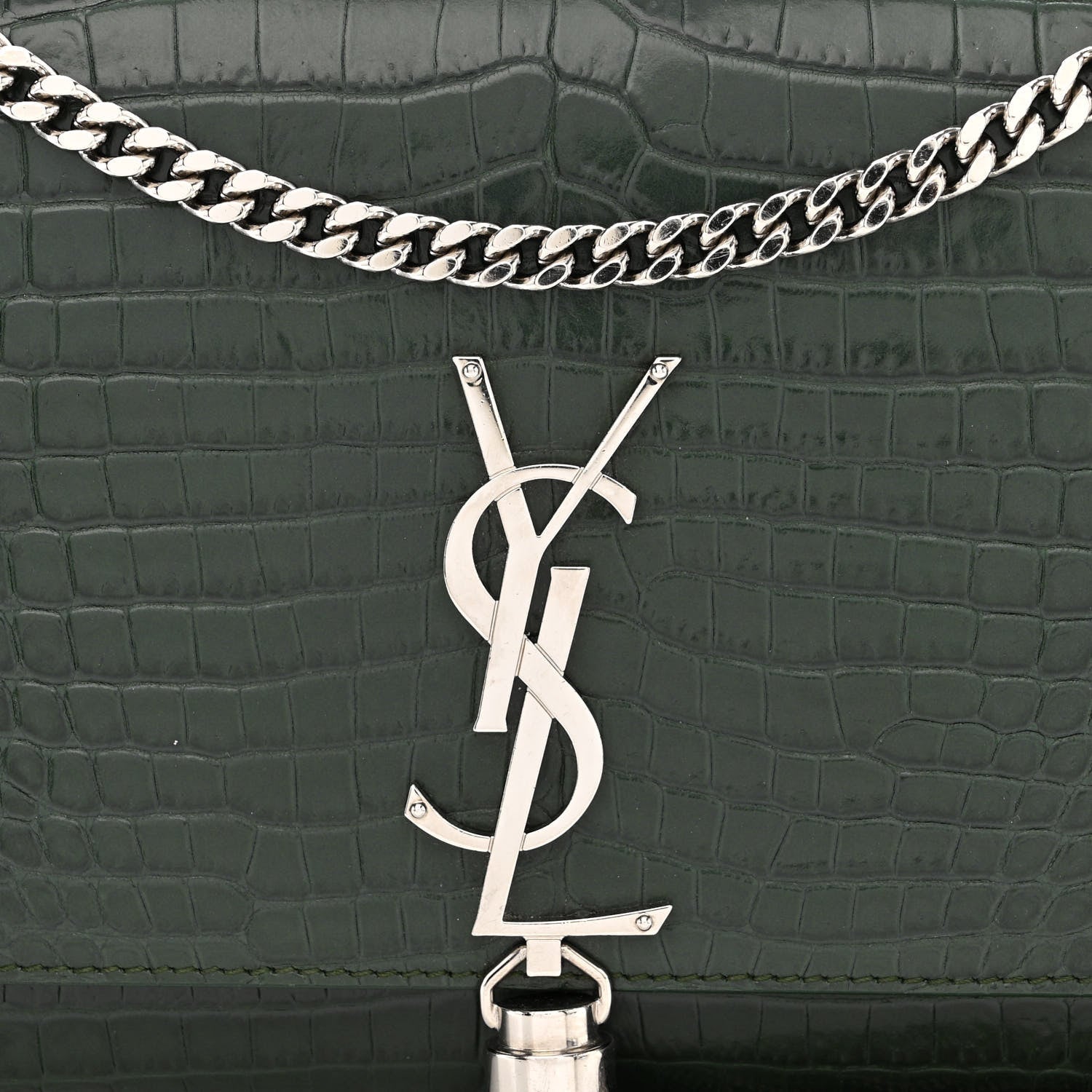 Saint Laurent Calfskin Crocodile Embossed Medium Classic Monogram Kate Tassel Satchel Dark Mint 8 of 10