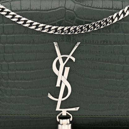 Saint Laurent Calfskin Crocodile Embossed Medium Classic Monogram Kate Tassel Satchel Dark Mint 8 of 10