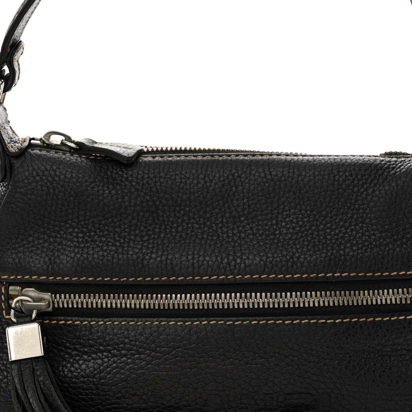 Grained Calfskin Tassel Shoulder Bag Black
