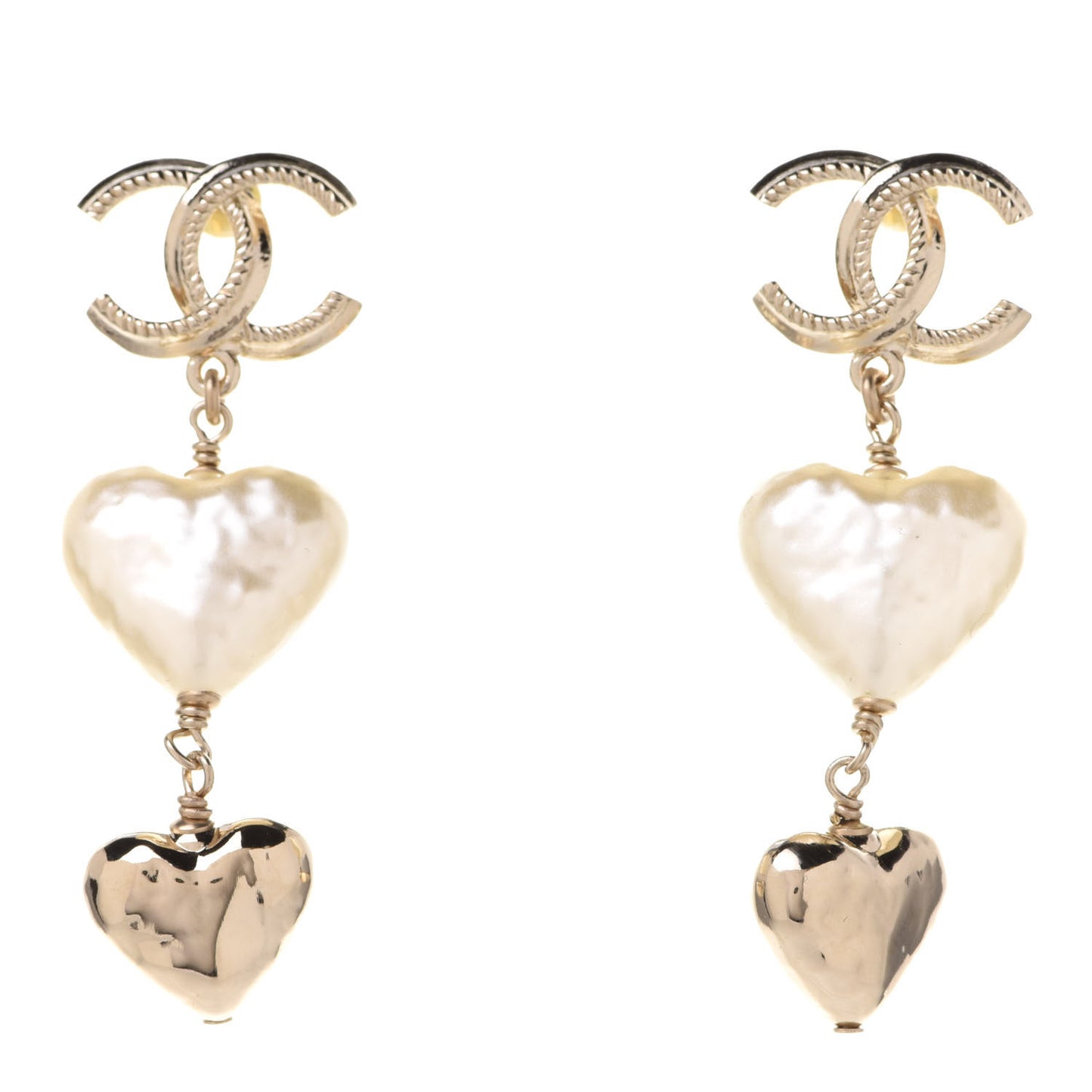 Pearl CC Double Heart Drop Earrings Gold