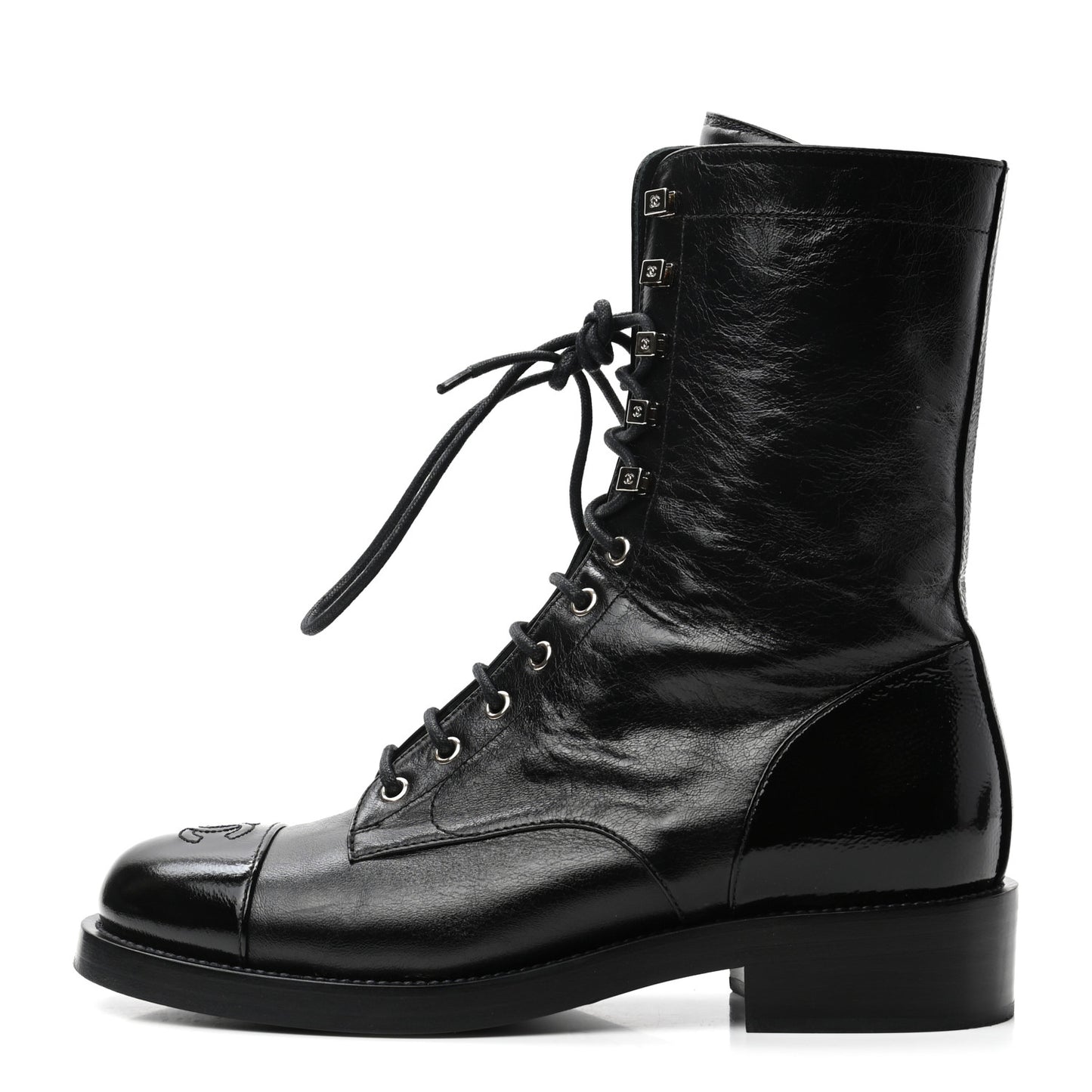 Crumpled Lambskin Shiny Calfskin Lace Up Combat Boots 40 Black