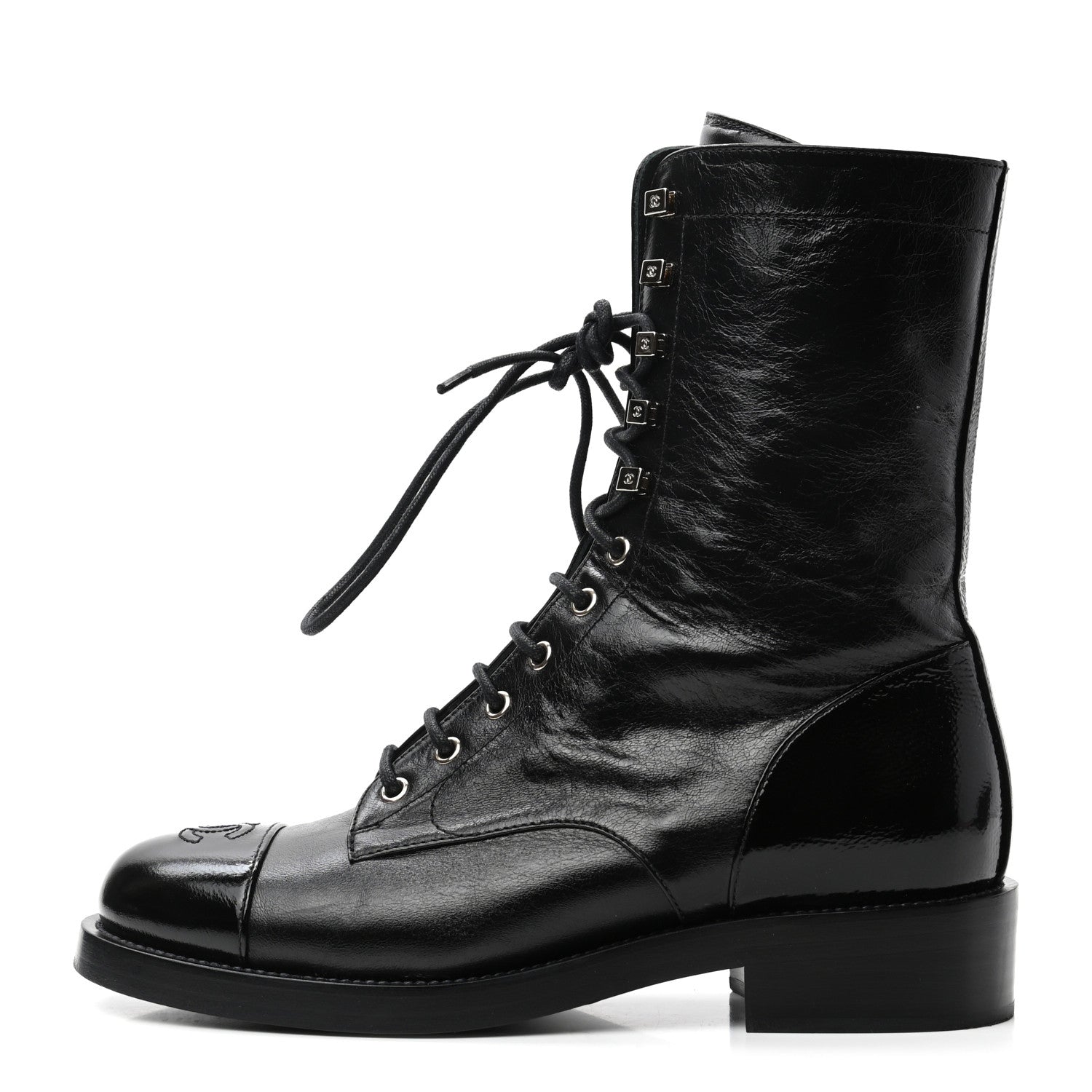 Chanel Crumpled Lambskin Shiny Calfskin Lace Up Combat Boots 40 Black 1 of 8