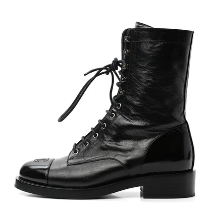Chanel Crumpled Lambskin Shiny Calfskin Lace Up Combat Boots 40 Black 1 of 8