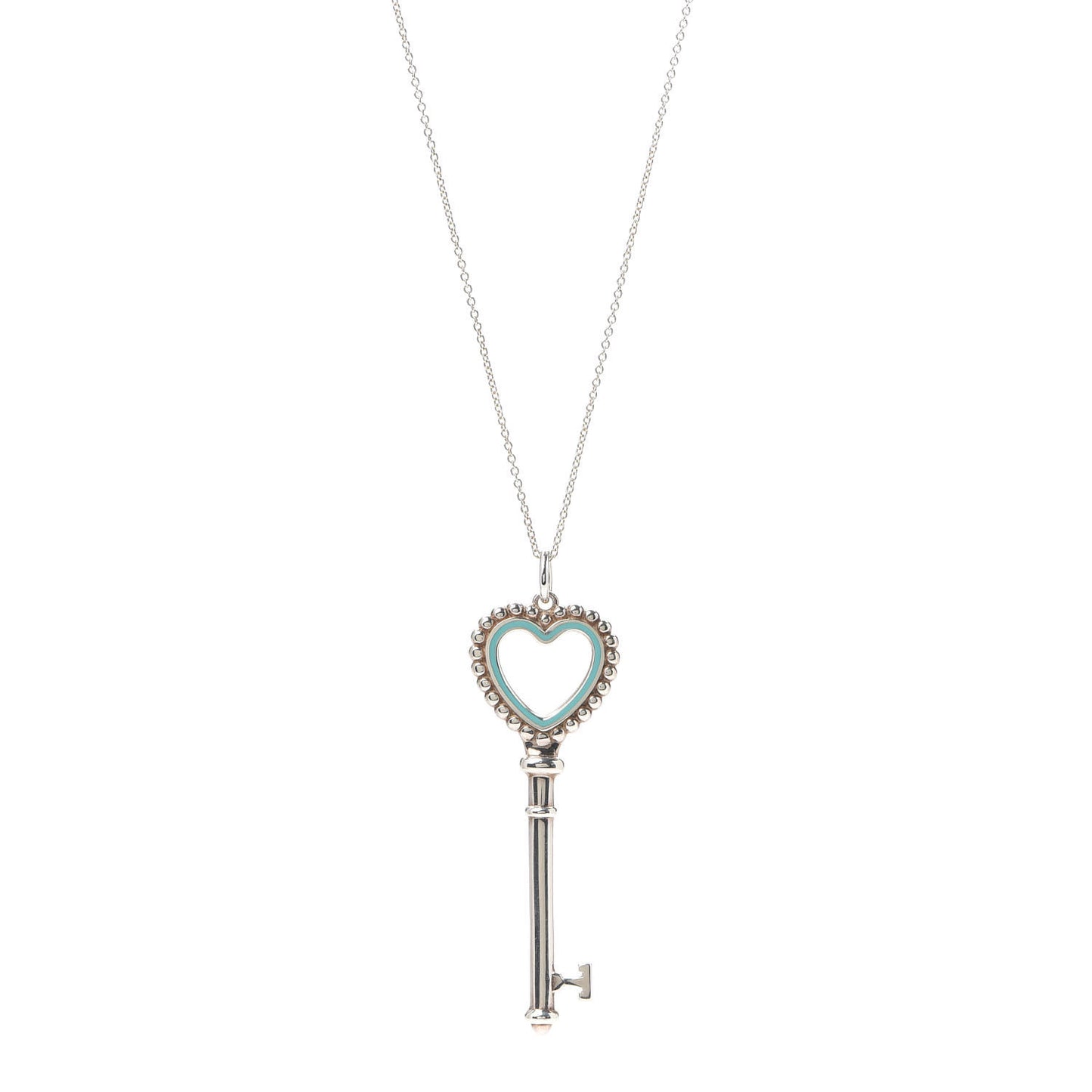 Sterling Silver Enamel Beaded Heart Key Pendant Necklace Blue