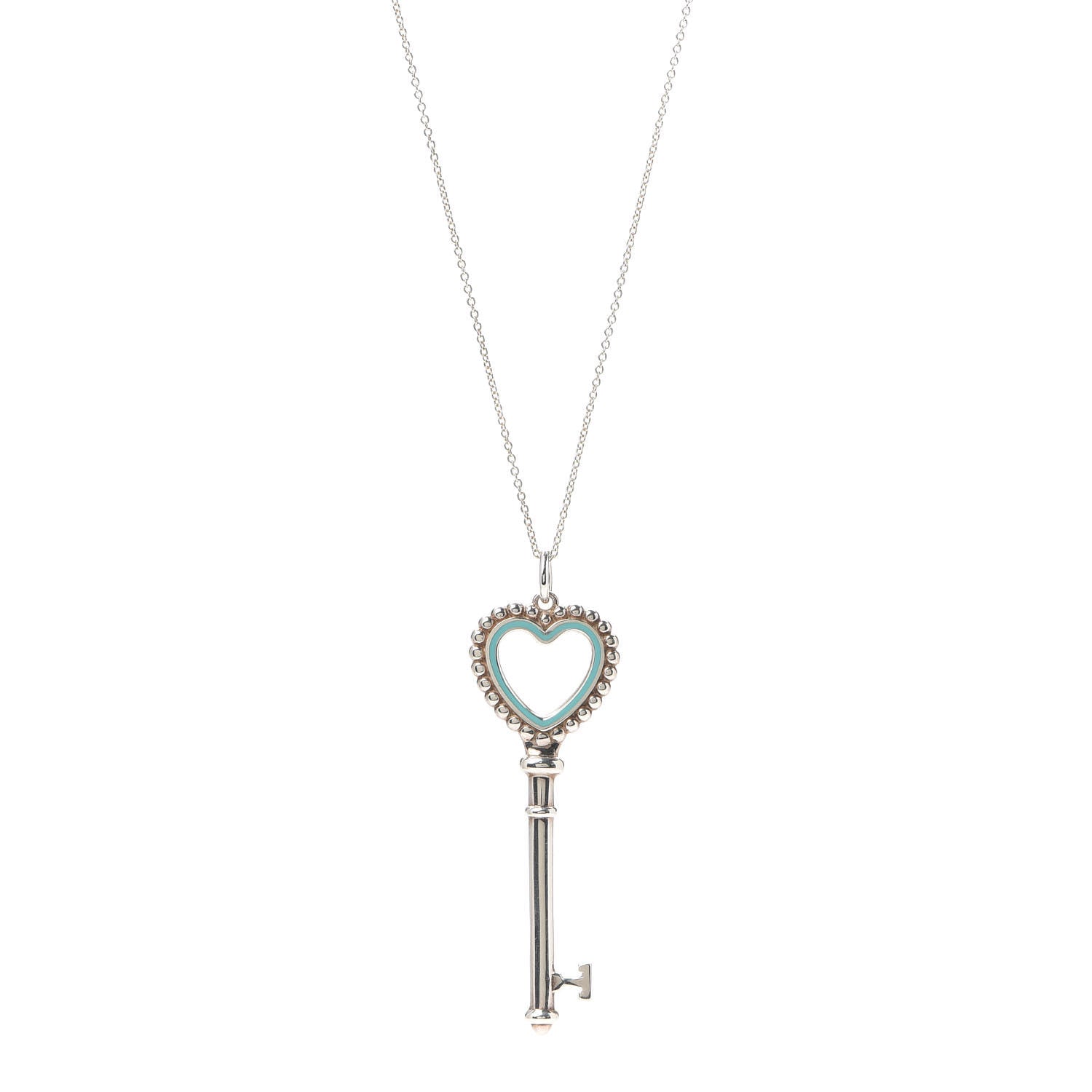 Tiffany Sterling Silver Enamel Beaded Heart Key Pendant Necklace Blue 1 of 6