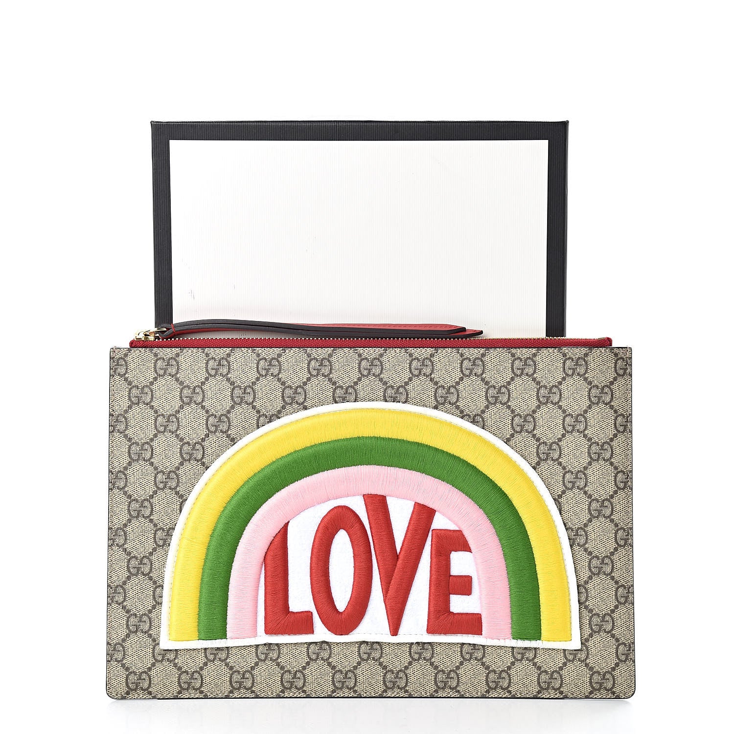 Gucci Calfskin GG Supreme Monogram Embroidered Rainbow Love Zip Pouch Red 8 of 8