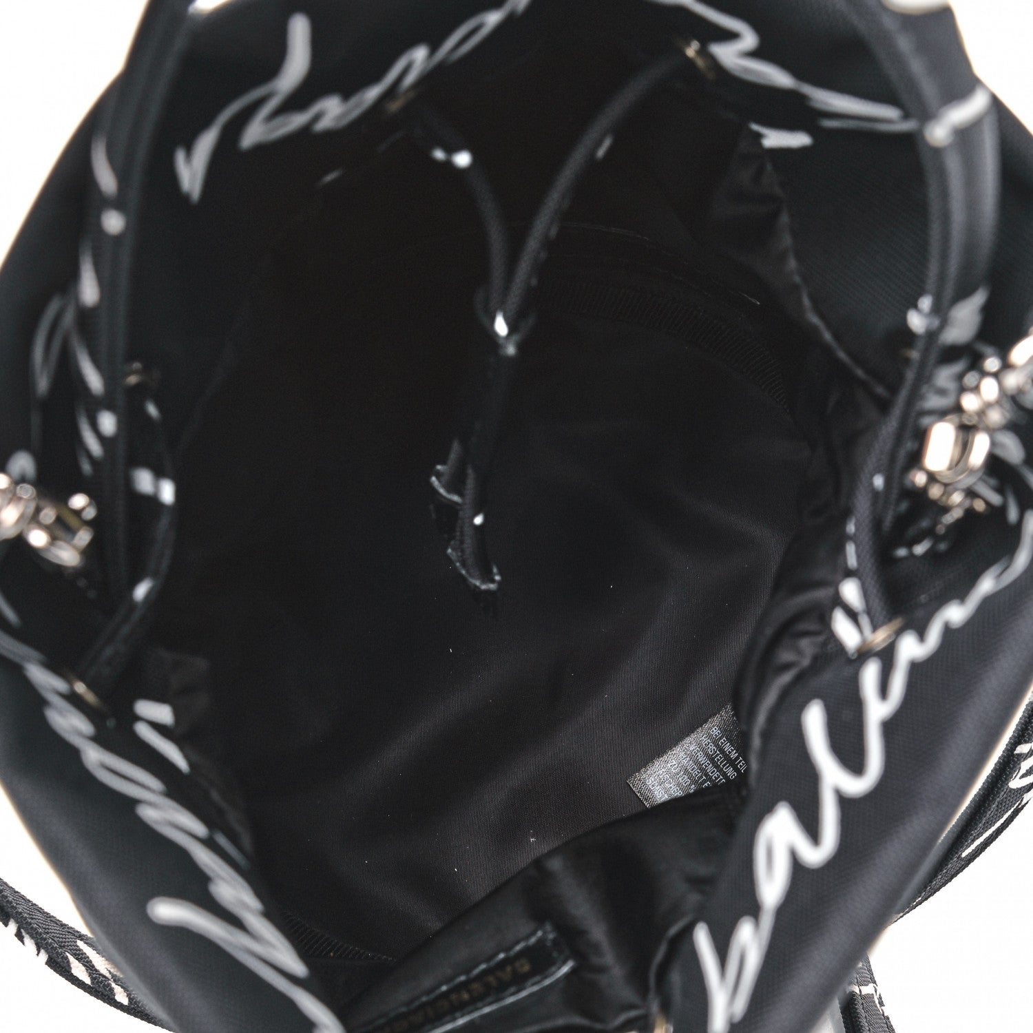 Balenciaga Recycled Sport Nylon Scribble Logo Embroidered Wheel Drawstring Bucket Bag XS Black White 4 of 4