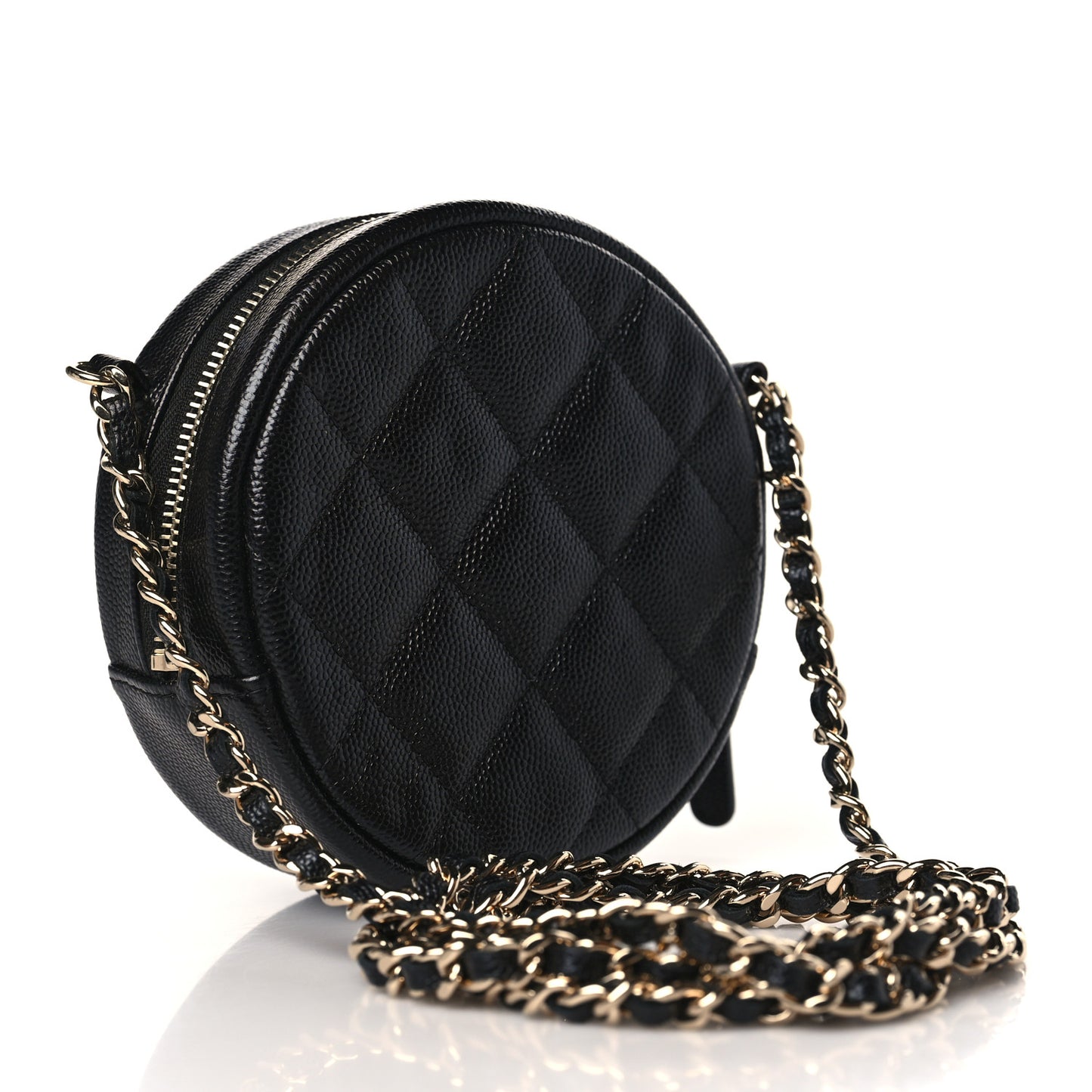 Caviar Quilted Round Clutch With Chain Black
