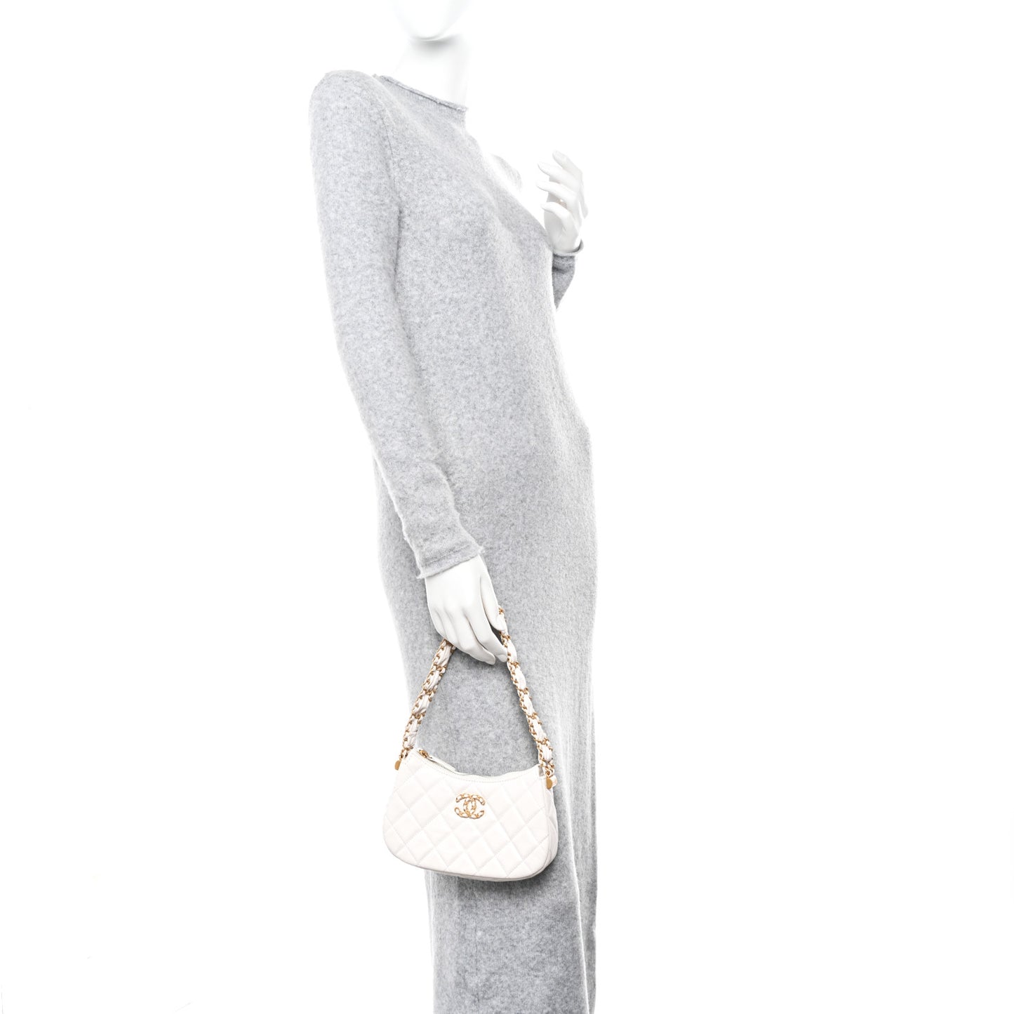 Crumpled Calfskin Quilted Braided CC Small Hobo White