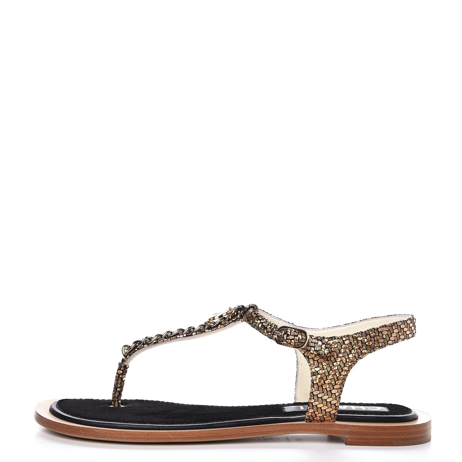 Chanel Fantasy Goatskin Suede CC Chain Thong Sandals 37.5 Gold Black 1 of 9