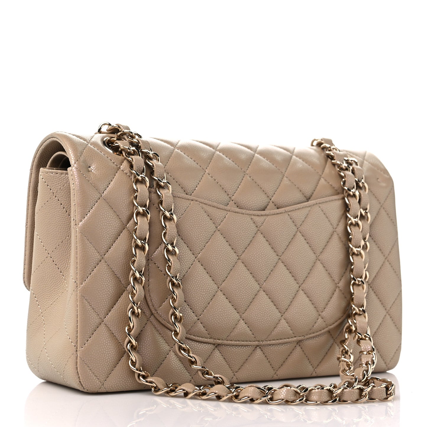 Iridescent Caviar Quilted Medium Double Flap Dark Beige