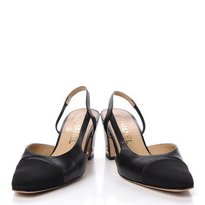 Chanel Goatskin Grosgrain Cap Toe CC Slingback Pumps 36 Black 6 of 16