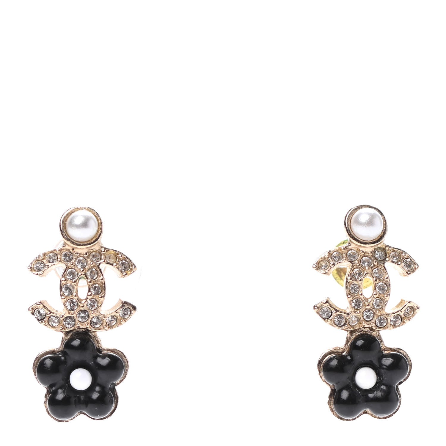 Chanel Crystal Pearl CC Flower Earrings Black Gold 1 of 4