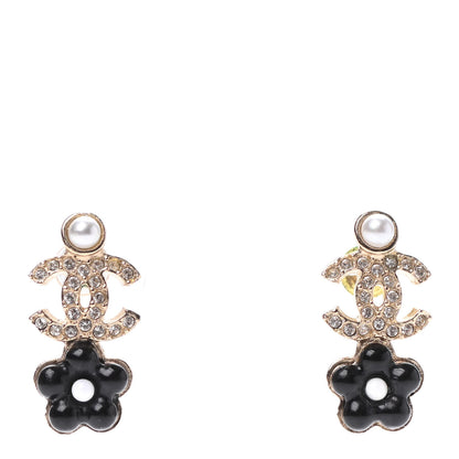 Chanel Crystal Pearl CC Flower Earrings Black Gold 1 of 4