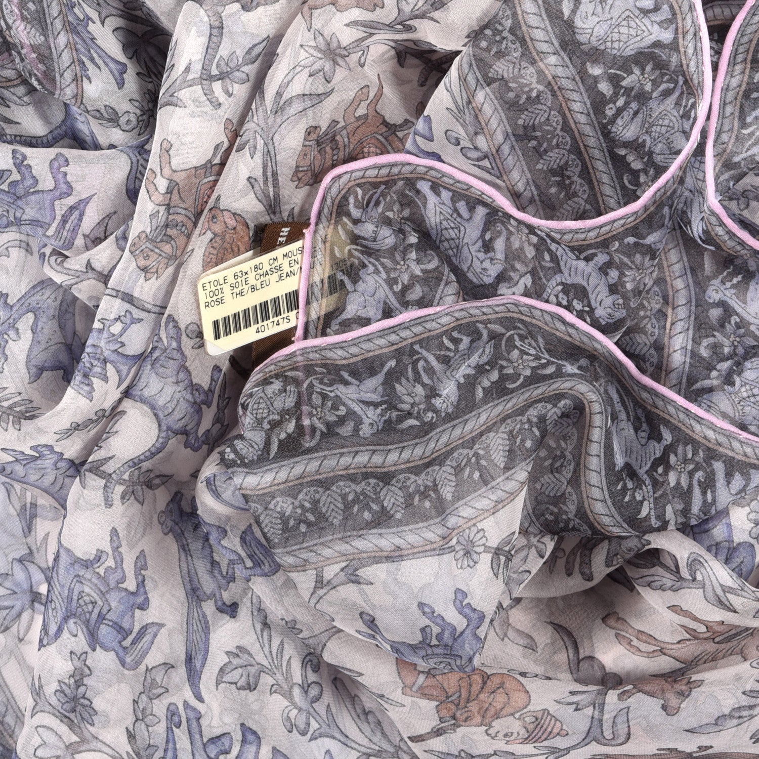 Hermes Silk Mousseline Chasse En Inde Stole Rose The Bleu Jean Mauve 4 of 4