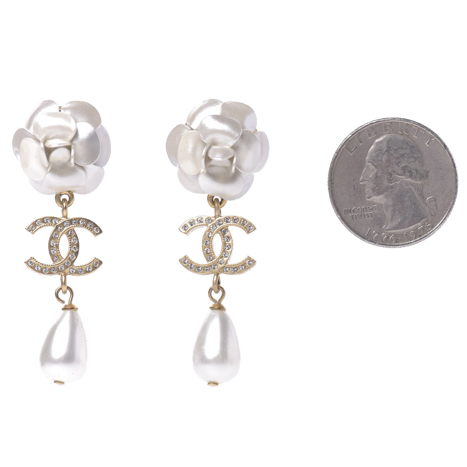 Chanel Metal Crystal Pearl 90s Camellia CC Drop Earrings Gold 2 of 5