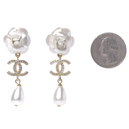 Chanel Metal Crystal Pearl 90s Camellia CC Drop Earrings Gold 2 of 5