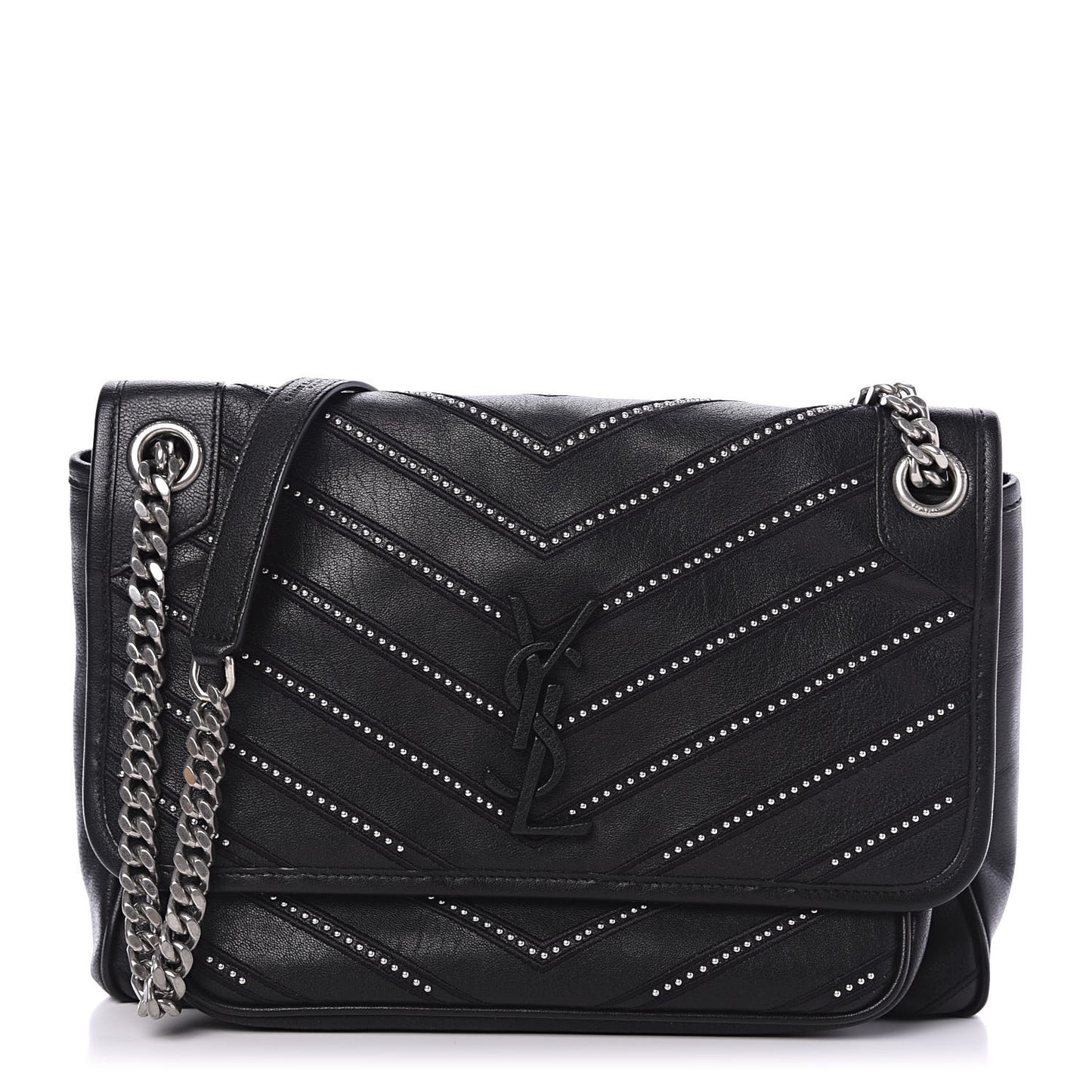 Lambskin Matelasse Monogram Microstud Medium Niki Chain Satchel Black