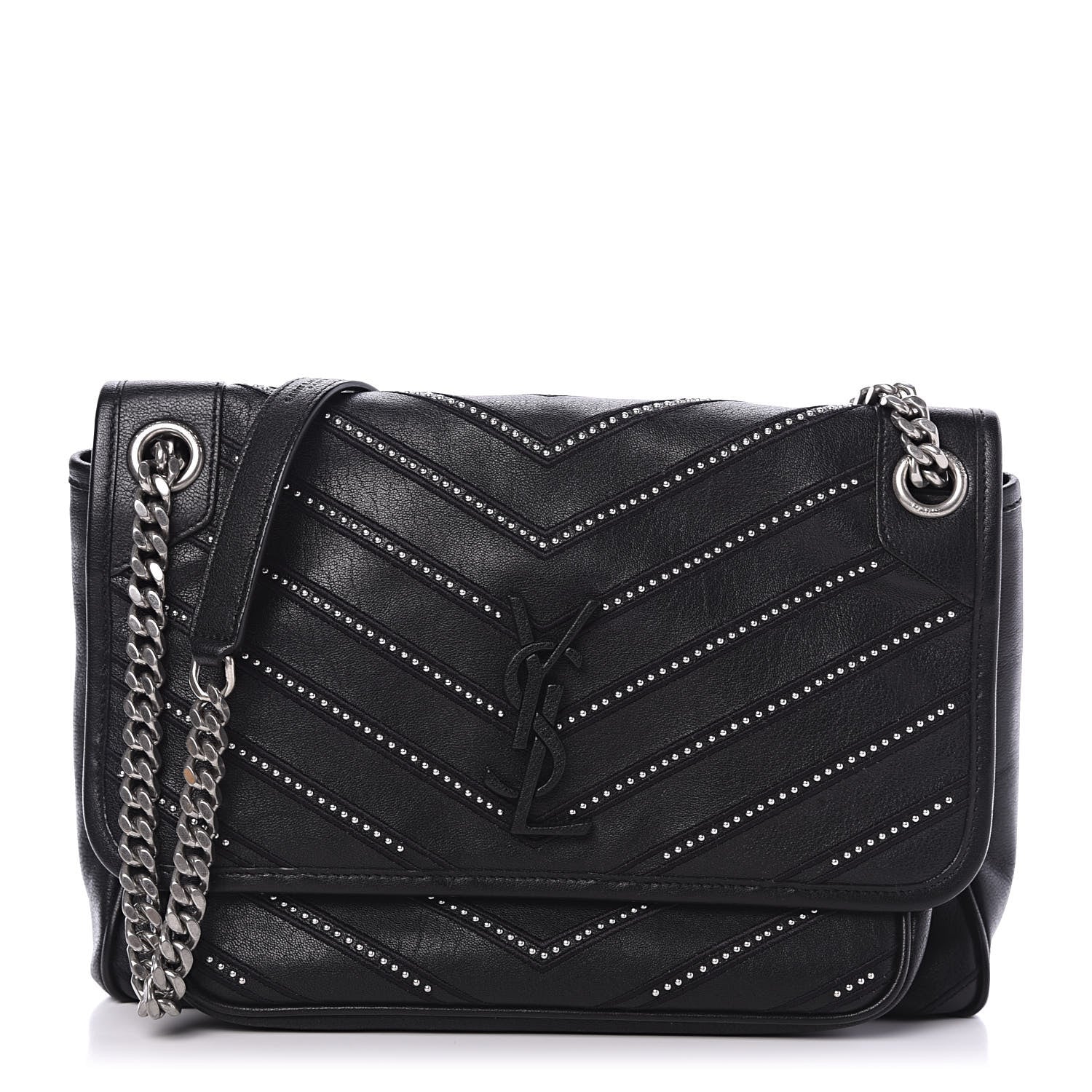 Saint Laurent Lambskin Matelasse Monogram Microstud Medium Niki Chain Satchel Black 1 of 10