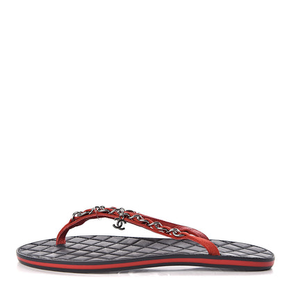 Chanel Suede Calfskin Quilted Chain Thong Sandals 36.5 Red 1 of 12