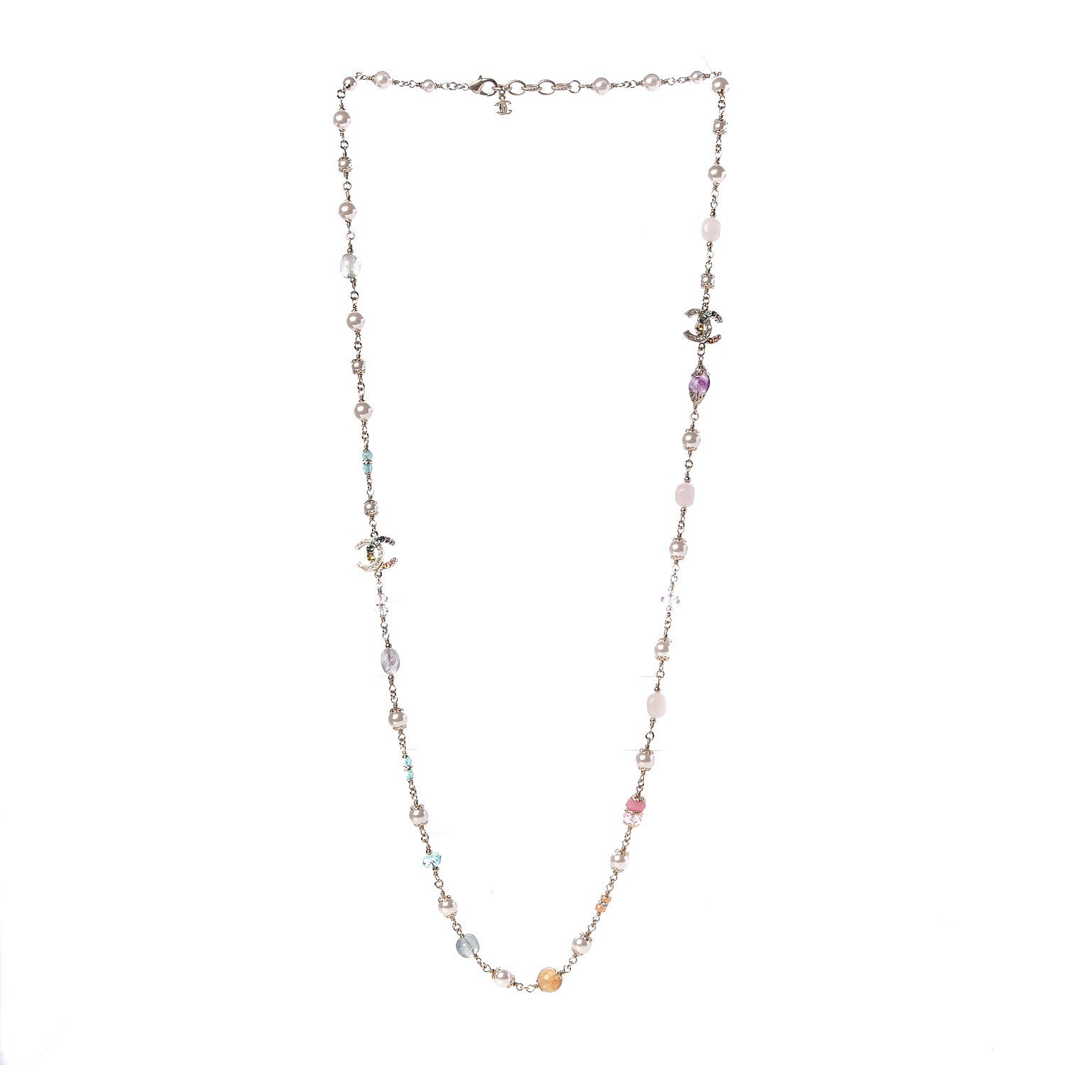 Chanel Crystal Pearl Glass CC Long Necklace Light Gold 3 of 5