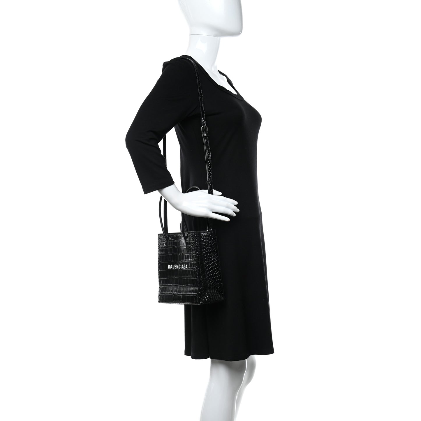 Shiny Calfskin Logo Crocodile Embossed North South Shopper Tote XXS Black White