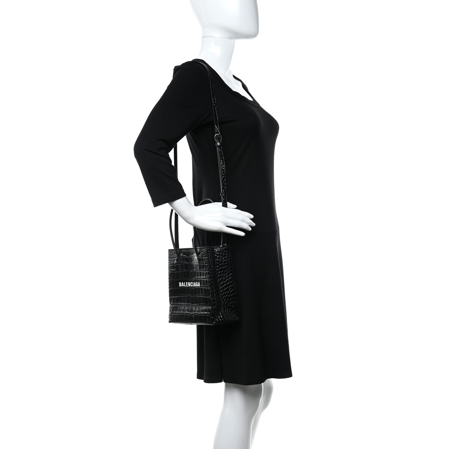 Balenciaga Shiny Calfskin Logo Crocodile Embossed North South Shopper Tote XXS Black White 2 of 8