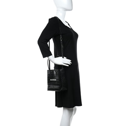 Balenciaga Shiny Calfskin Logo Crocodile Embossed North South Shopper Tote XXS Black White 2 of 8