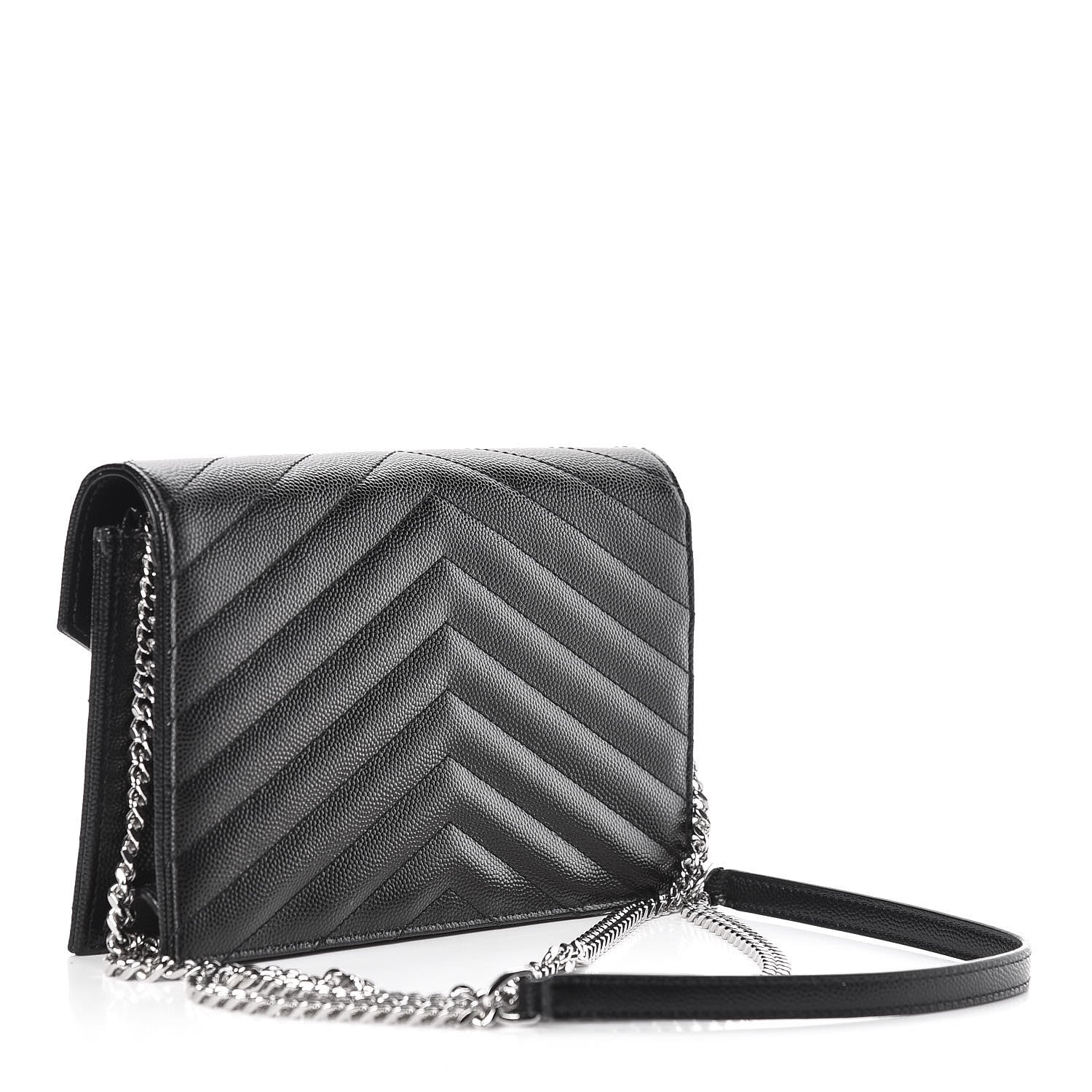 Saint Laurent Grain De Poudre Matelasse Chevron Monogram Envelope Chain Wallet Black 3 of 10