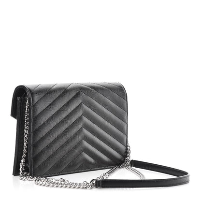 Saint Laurent Grain De Poudre Matelasse Chevron Monogram Envelope Chain Wallet Black 3 of 10