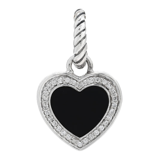 Sterling Silver Black Onyx Diamond Cable Heart Charm Pendant