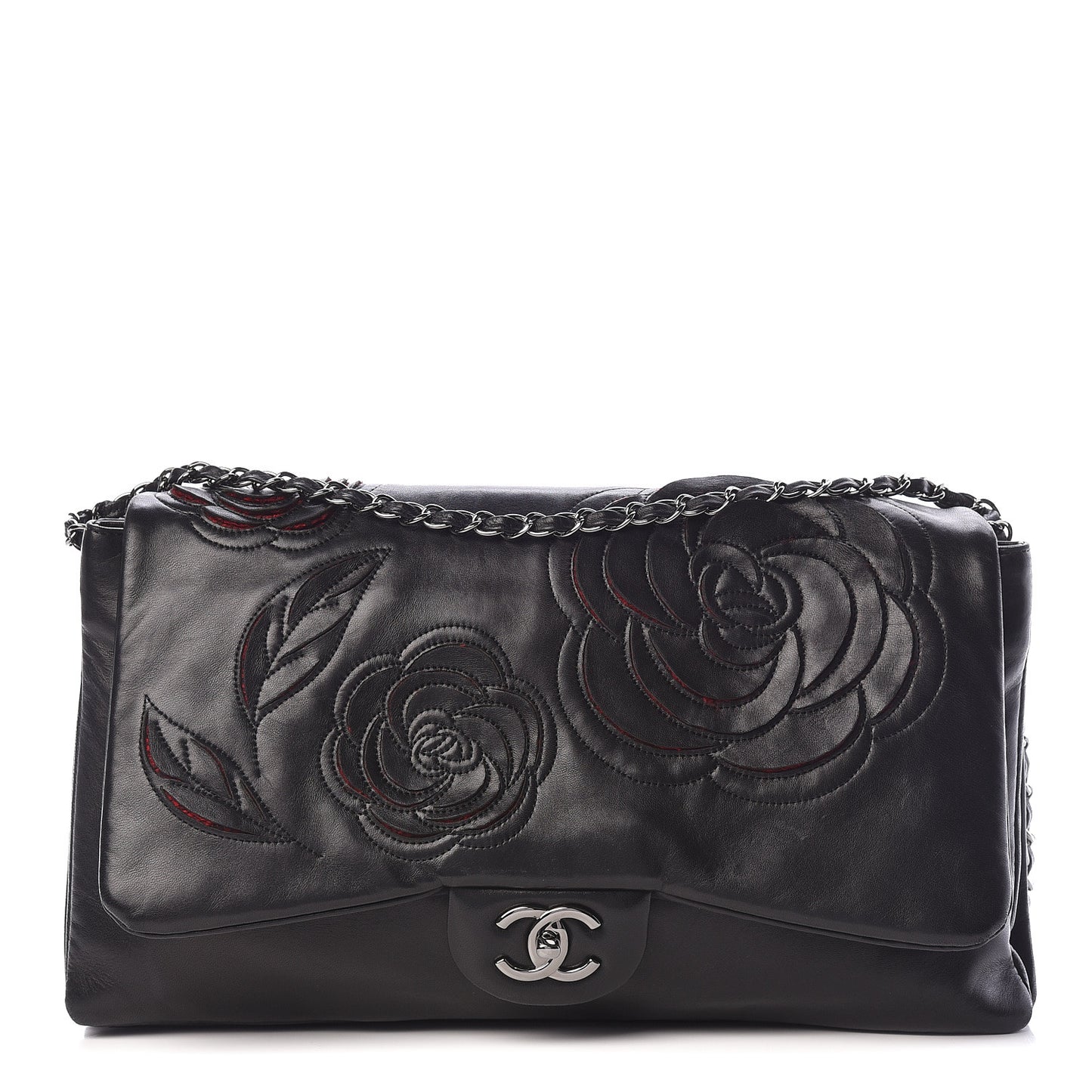 Lambskin Tweed Maxi Camellia Petals Flap Black