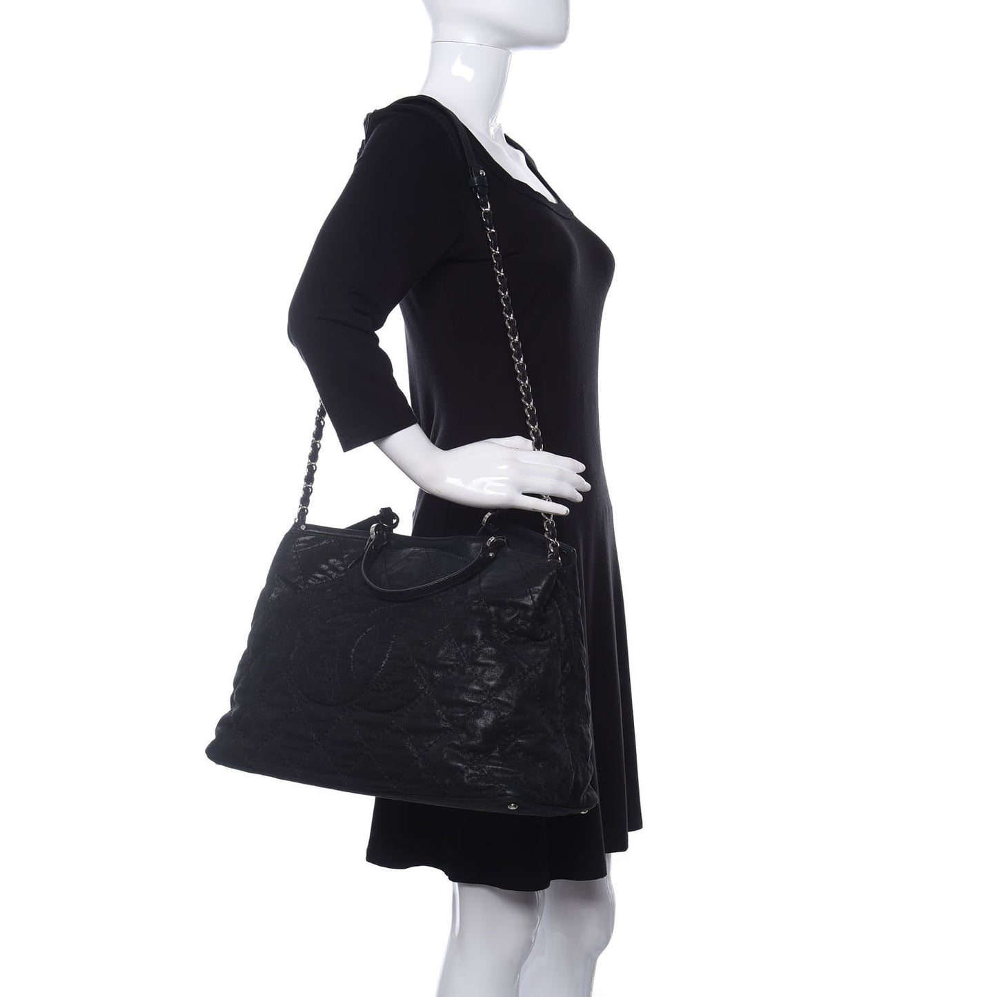 Iridescent Calfskin Stitched CC Shopping Tote Black