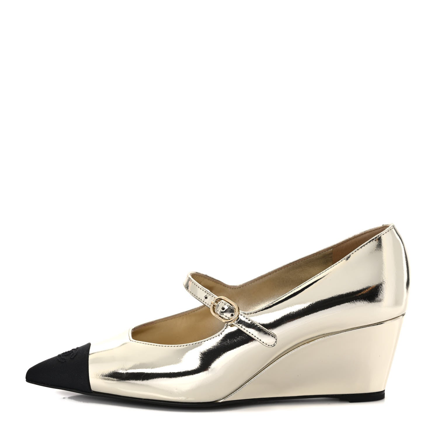 Chanel Laminated Calfskin Grosgrain Cap Toe CC Pointed Toe Wedge Pumps 37.5 Gold Black 1 of 8