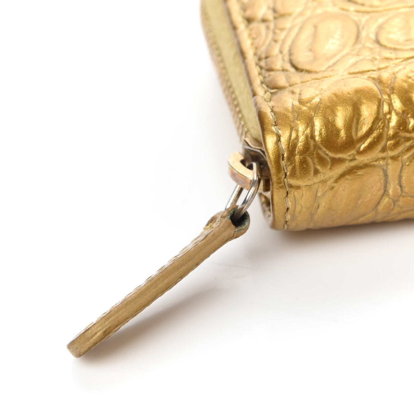 Metallic Calfskin Crocodile Embossed Cocodile Zip Coin Case Gold