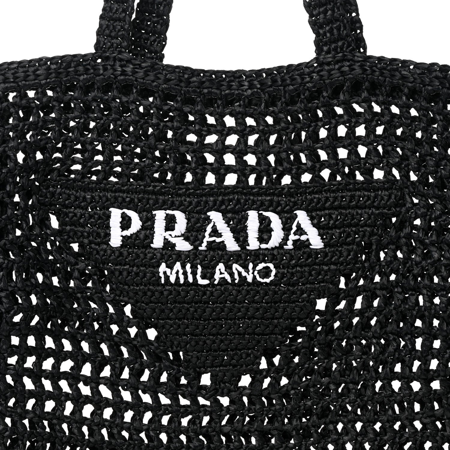 Prada Yarn Raffia Effect Crochet Logo Embroidered Tote Bag Black 7 of 11
