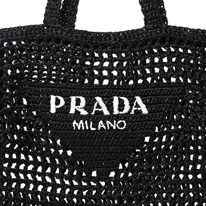 Prada Yarn Raffia Effect Crochet Logo Embroidered Tote Bag Black 7 of 11
